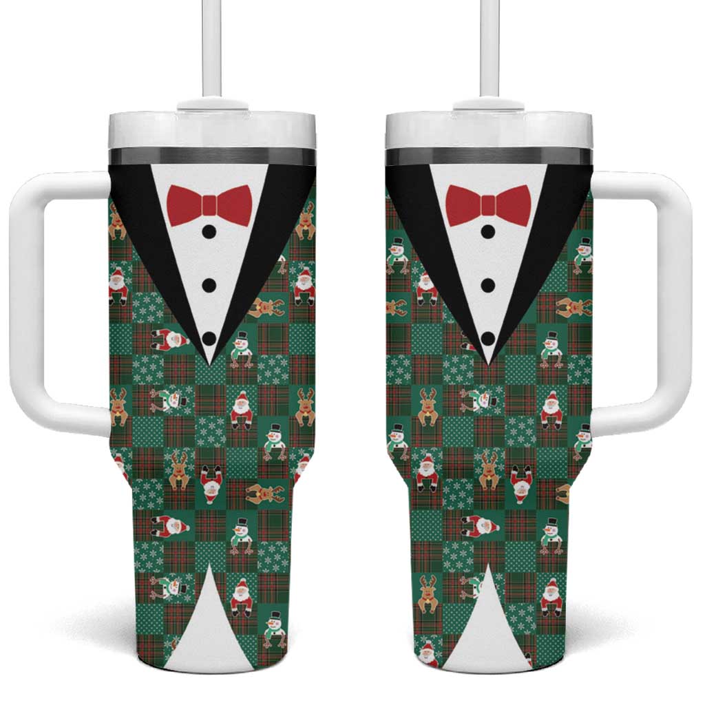 Christmas Patchwork Fake Tuxedo Tumbler With Handle Santa and Reindeer Green Plaid Style - Wonder Print Shop