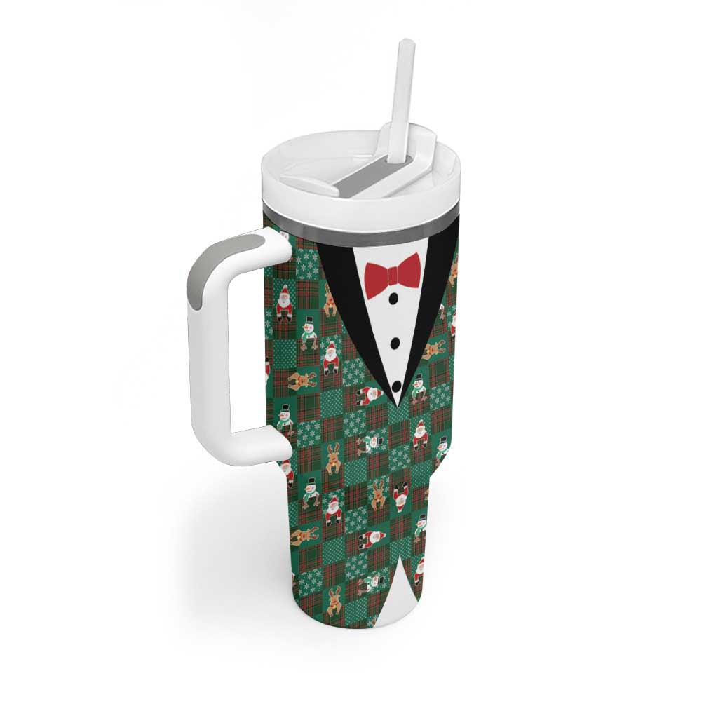 Christmas Patchwork Fake Tuxedo Tumbler With Handle Santa and Reindeer Green Plaid Style - Wonder Print Shop
