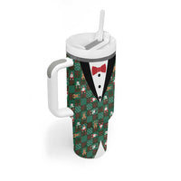 Christmas Patchwork Fake Tuxedo Tumbler With Handle Santa and Reindeer Green Plaid Style - Wonder Print Shop