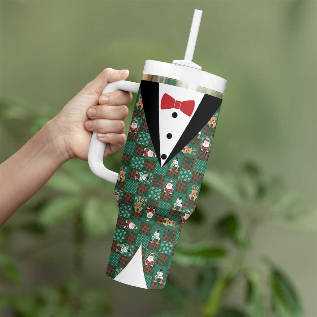 Christmas Patchwork Fake Tuxedo Tumbler With Handle Santa and Reindeer Green Plaid Style - Wonder Print Shop