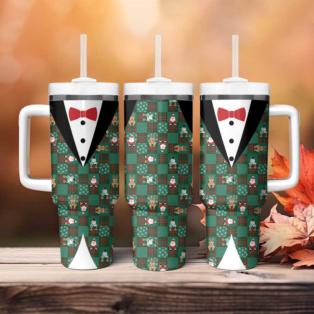 Christmas Patchwork Fake Tuxedo Tumbler With Handle Santa and Reindeer Green Plaid Style - Wonder Print Shop