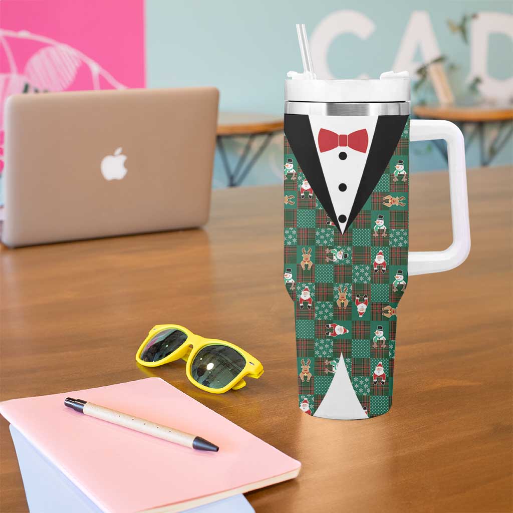 Christmas Patchwork Fake Tuxedo Tumbler With Handle Santa and Reindeer Green Plaid Style - Wonder Print Shop
