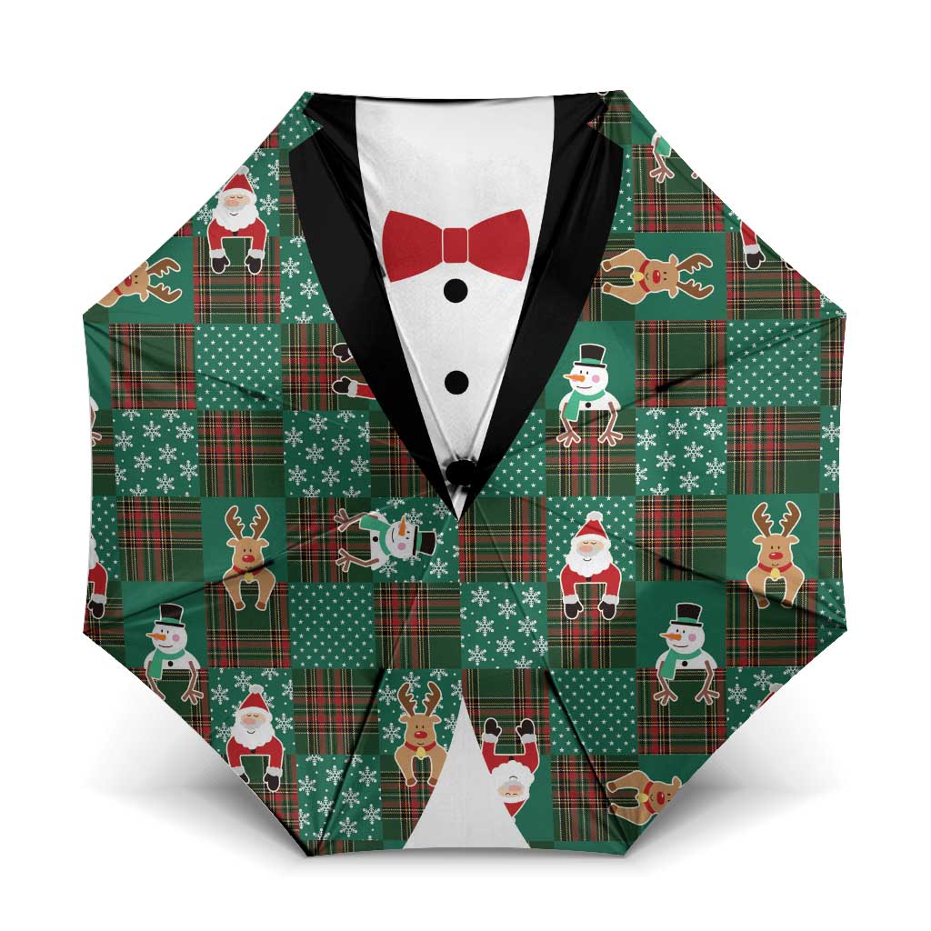 Christmas Patchwork Fake Tuxedo Umbrella Santa and Reindeer Green Plaid Style - Wonder Print Shop