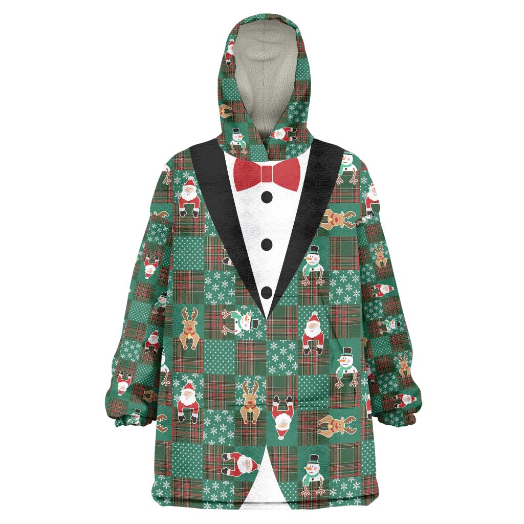 Christmas Patchwork Fake Tuxedo Wearable Blanket Hoodie Santa and Reindeer Green Plaid Style - Wonder Print Shop