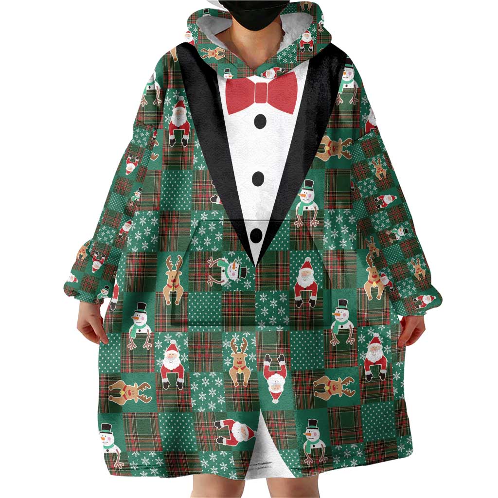 Christmas Patchwork Fake Tuxedo Wearable Blanket Hoodie Santa and Reindeer Green Plaid Style - Wonder Print Shop