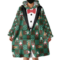 Christmas Patchwork Fake Tuxedo Wearable Blanket Hoodie Santa and Reindeer Green Plaid Style - Wonder Print Shop