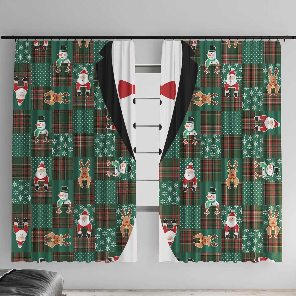 Christmas Patchwork Fake Tuxedo Window Curtain Santa and Reindeer Green Plaid Style - Wonder Print Shop