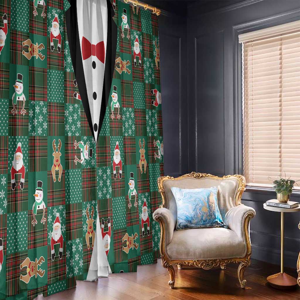Christmas Patchwork Fake Tuxedo Window Curtain Santa and Reindeer Green Plaid Style - Wonder Print Shop