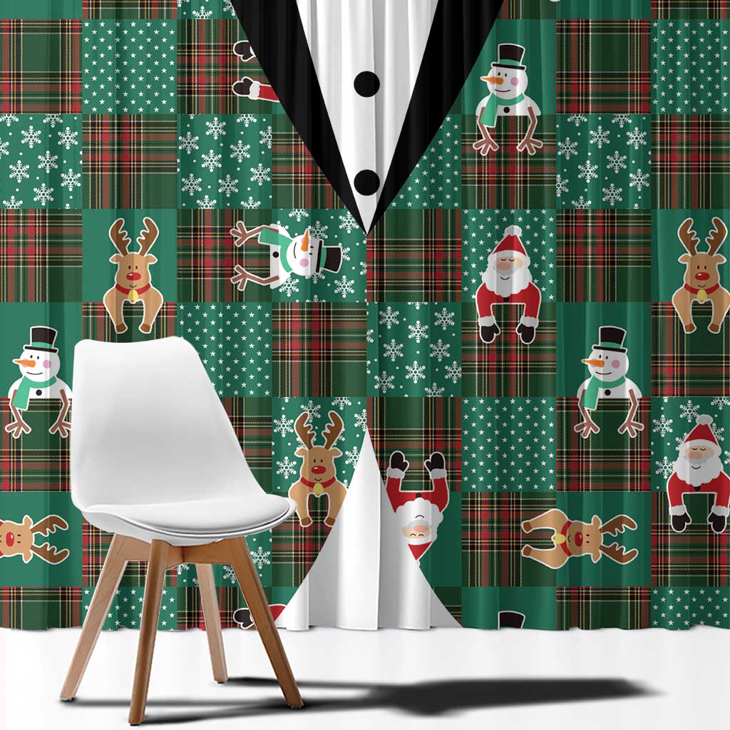 Christmas Patchwork Fake Tuxedo Window Curtain Santa and Reindeer Green Plaid Style - Wonder Print Shop
