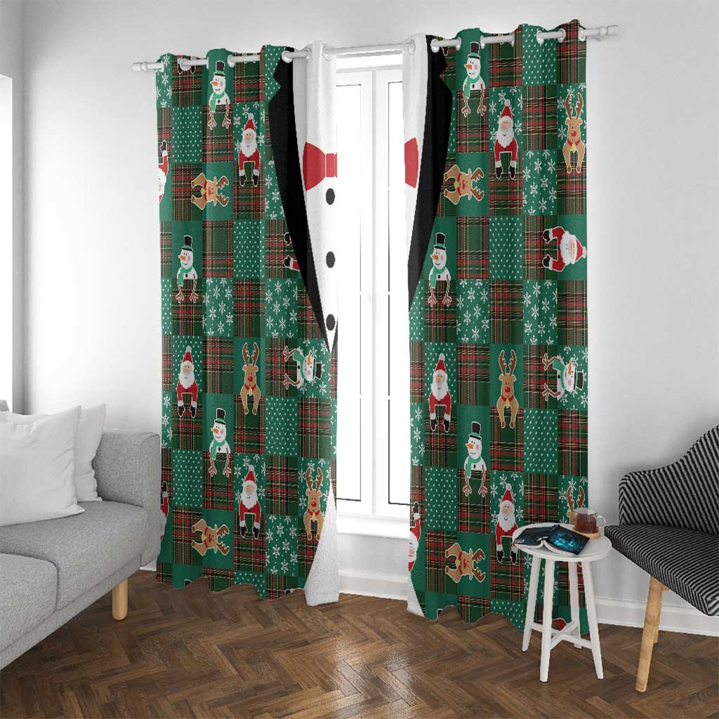 Christmas Patchwork Fake Tuxedo Window Curtain Santa and Reindeer Green Plaid Style - Wonder Print Shop