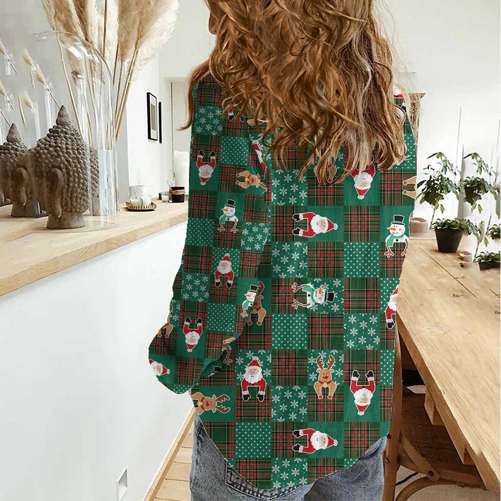 Christmas Patchwork Fake Tuxedo Women Casual Shirt Santa and Reindeer Green Plaid Style - Wonder Print Shop