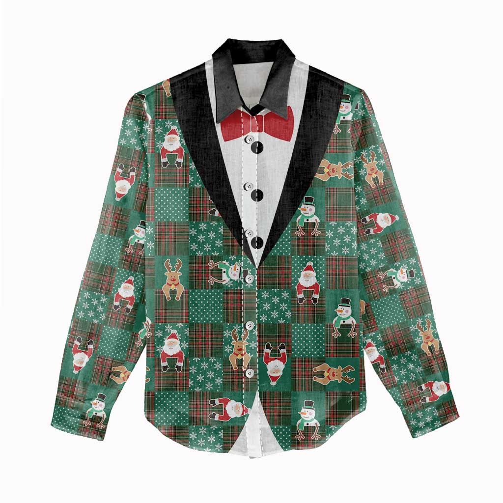 Christmas Patchwork Fake Tuxedo Women Casual Shirt Santa and Reindeer Green Plaid Style - Wonder Print Shop