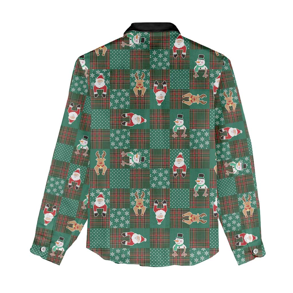 Christmas Patchwork Fake Tuxedo Women Casual Shirt Santa and Reindeer Green Plaid Style - Wonder Print Shop