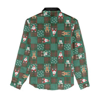 Christmas Patchwork Fake Tuxedo Women Casual Shirt Santa and Reindeer Green Plaid Style - Wonder Print Shop