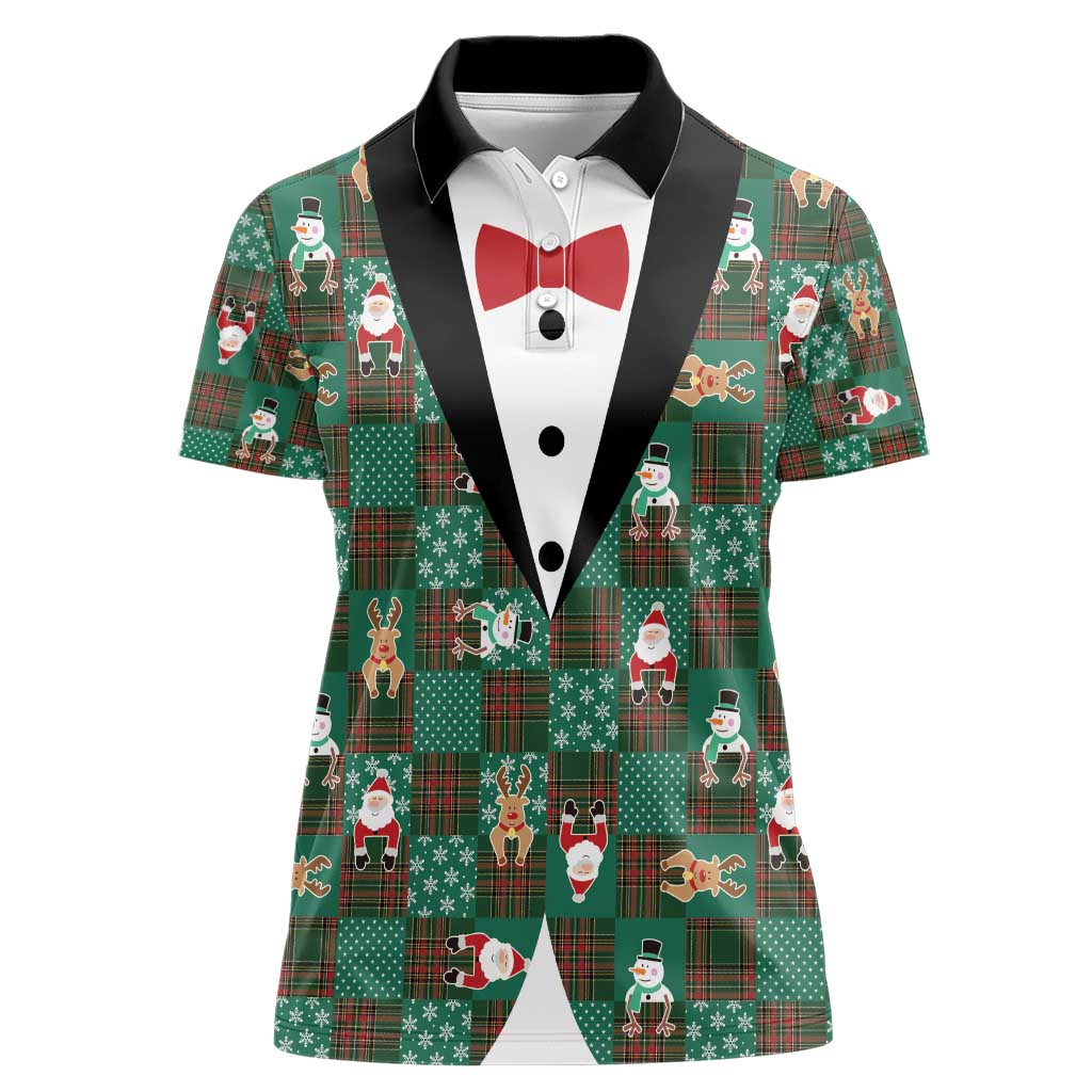 Christmas Patchwork Fake Tuxedo Women Polo Shirt Santa and Reindeer Green Plaid Style - Wonder Print Shop