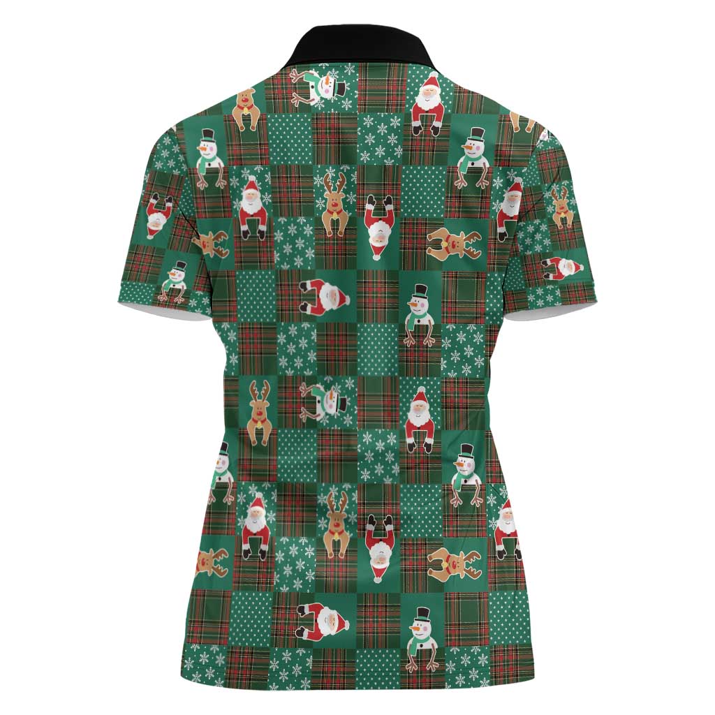 Christmas Patchwork Fake Tuxedo Women Polo Shirt Santa and Reindeer Green Plaid Style - Wonder Print Shop