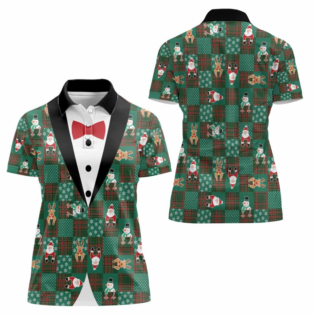 Christmas Patchwork Fake Tuxedo Women Polo Shirt Santa and Reindeer Green Plaid Style - Wonder Print Shop