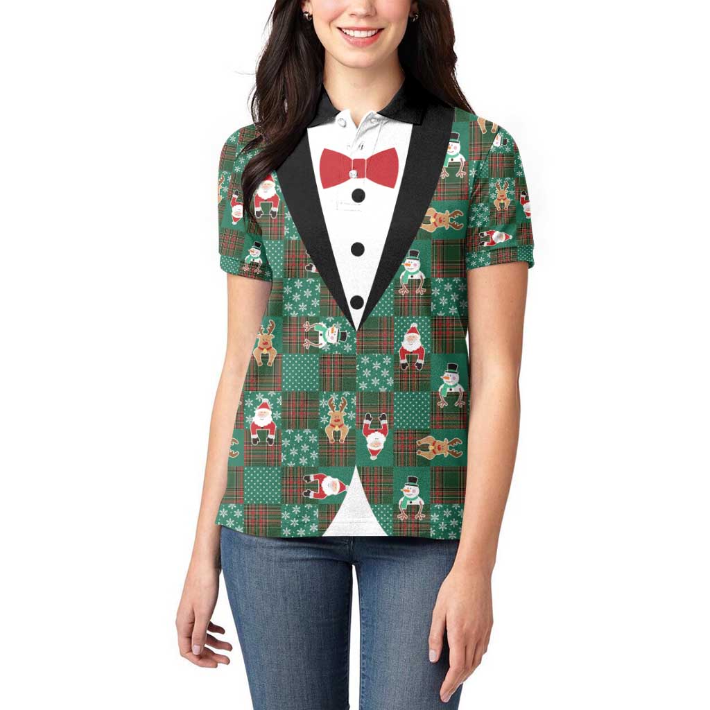 Christmas Patchwork Fake Tuxedo Women Polo Shirt Santa and Reindeer Green Plaid Style - Wonder Print Shop