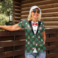 Christmas Patchwork Fake Tuxedo Women Polo Shirt Santa and Reindeer Green Plaid Style - Wonder Print Shop