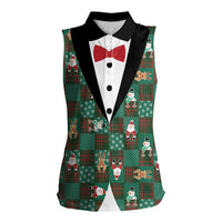Christmas Patchwork Fake Tuxedo Women Sleeveless Polo Shirt Santa and Reindeer Green Plaid Style - Wonder Print Shop