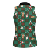 Christmas Patchwork Fake Tuxedo Women Sleeveless Polo Shirt Santa and Reindeer Green Plaid Style - Wonder Print Shop