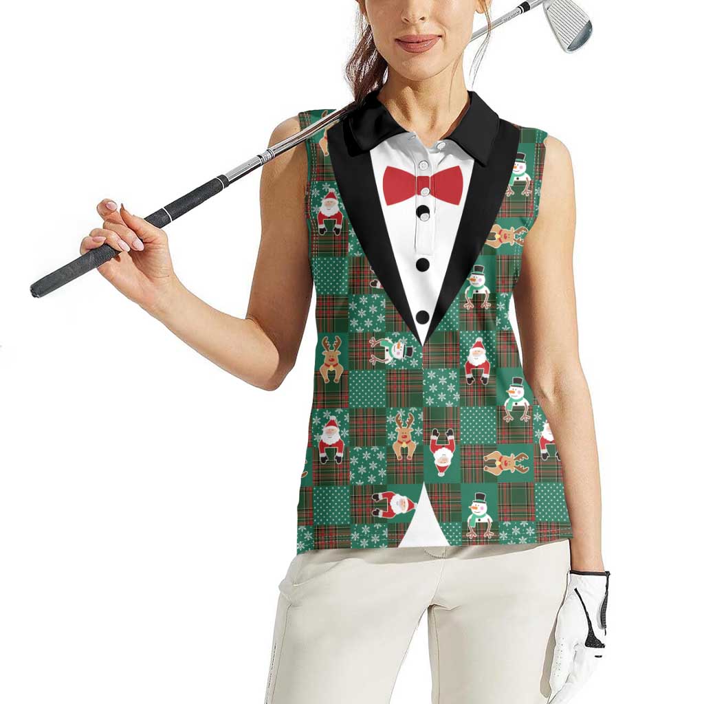 Christmas Patchwork Fake Tuxedo Women Sleeveless Polo Shirt Santa and Reindeer Green Plaid Style - Wonder Print Shop