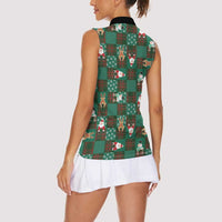 Christmas Patchwork Fake Tuxedo Women Sleeveless Polo Shirt Santa and Reindeer Green Plaid Style - Wonder Print Shop