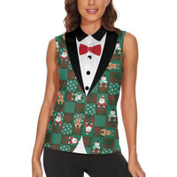 Christmas Patchwork Fake Tuxedo Women Sleeveless Polo Shirt Santa and Reindeer Green Plaid Style - Wonder Print Shop