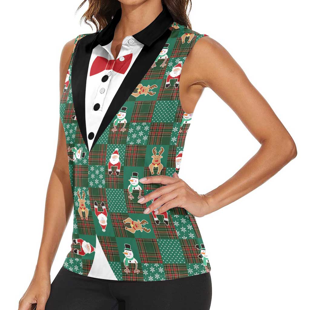 Christmas Patchwork Fake Tuxedo Women Sleeveless Polo Shirt Santa and Reindeer Green Plaid Style - Wonder Print Shop