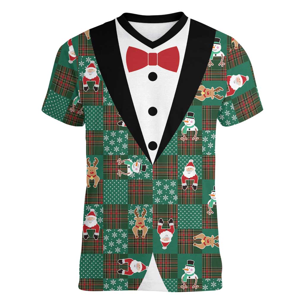 Christmas Patchwork Fake Tuxedo Women V-Neck T-Shirt Santa and Reindeer Green Plaid Style - Wonder Print Shop