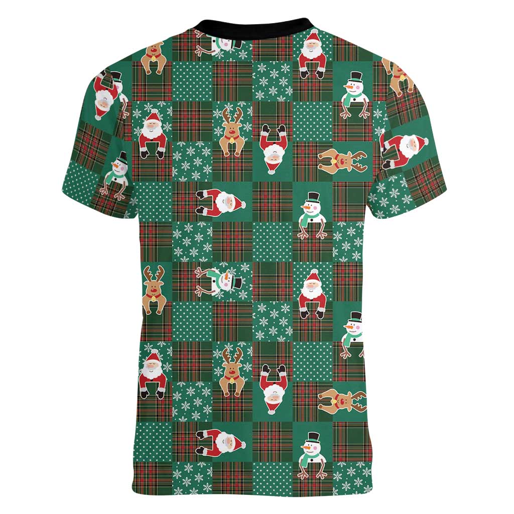 Christmas Patchwork Fake Tuxedo Women V-Neck T-Shirt Santa and Reindeer Green Plaid Style - Wonder Print Shop