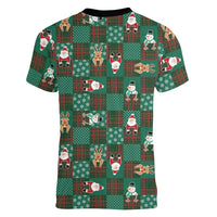 Christmas Patchwork Fake Tuxedo Women V-Neck T-Shirt Santa and Reindeer Green Plaid Style - Wonder Print Shop