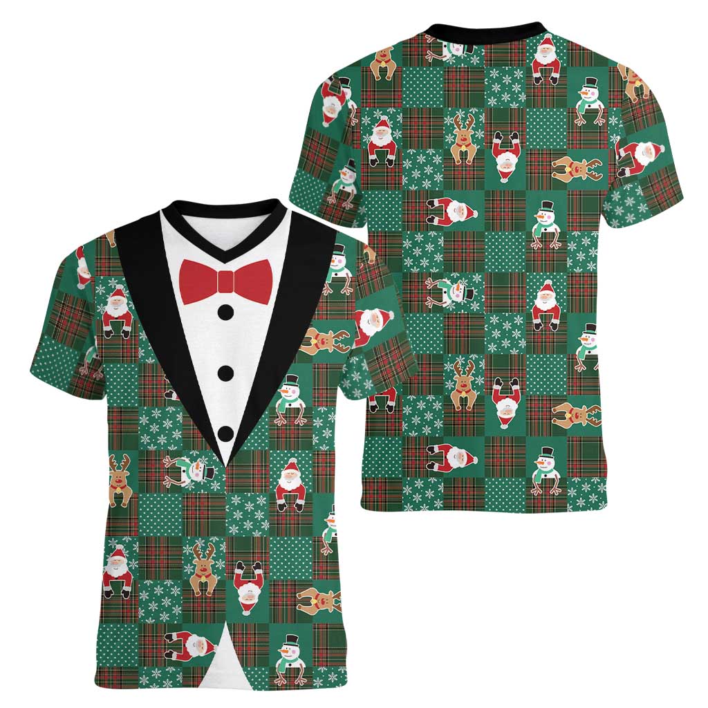 Christmas Patchwork Fake Tuxedo Women V-Neck T-Shirt Santa and Reindeer Green Plaid Style - Wonder Print Shop