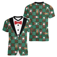 Christmas Patchwork Fake Tuxedo Women V-Neck T-Shirt Santa and Reindeer Green Plaid Style - Wonder Print Shop