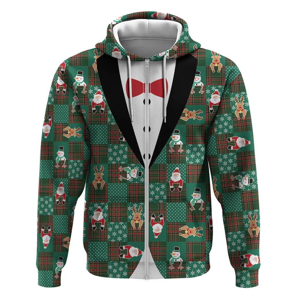 Christmas Patchwork Fake Tuxedo Zip Hoodie Santa and Reindeer Green Plaid Style - Wonder Print Shop
