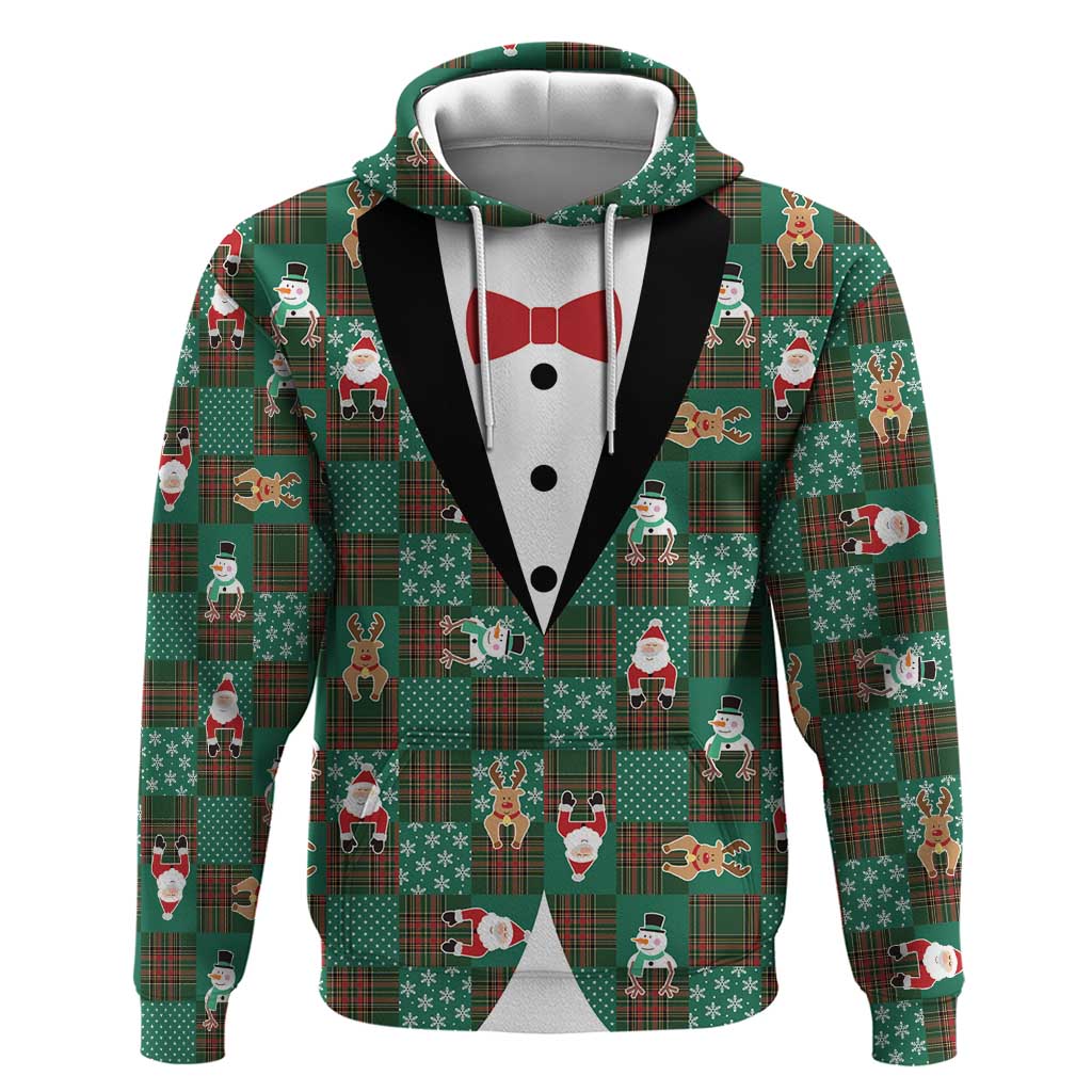 Christmas Patchwork Fake Tuxedo Zip Hoodie Santa and Reindeer Green Plaid Style - Wonder Print Shop