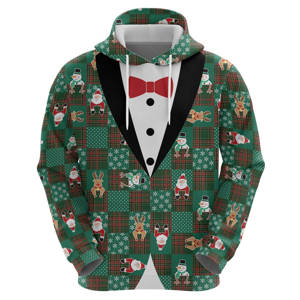 Christmas Patchwork Fake Tuxedo Zip Hoodie Santa and Reindeer Green Plaid Style - Wonder Print Shop