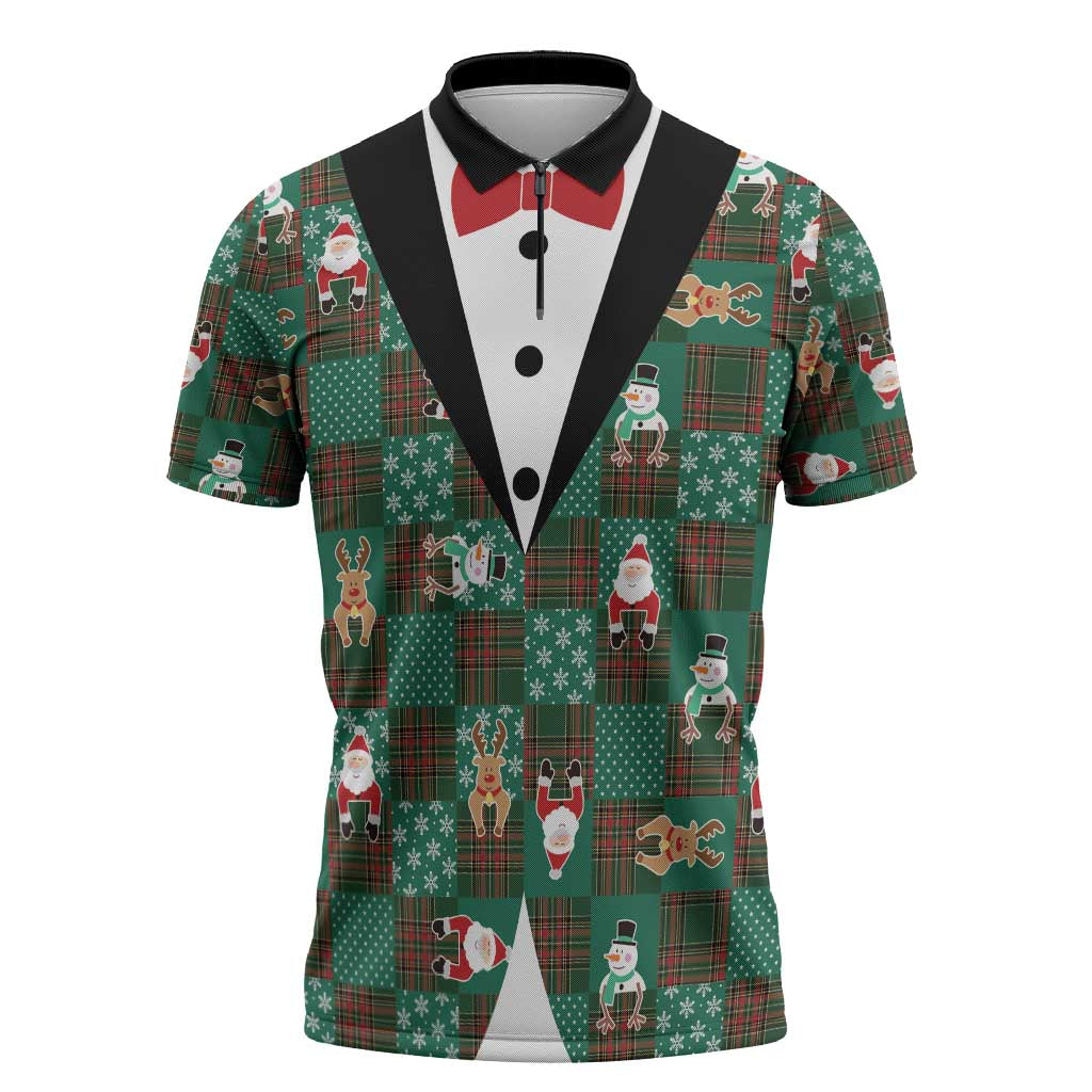 Christmas Patchwork Fake Tuxedo Zipper Polo Shirt Santa and Reindeer Green Plaid Style - Wonder Print Shop