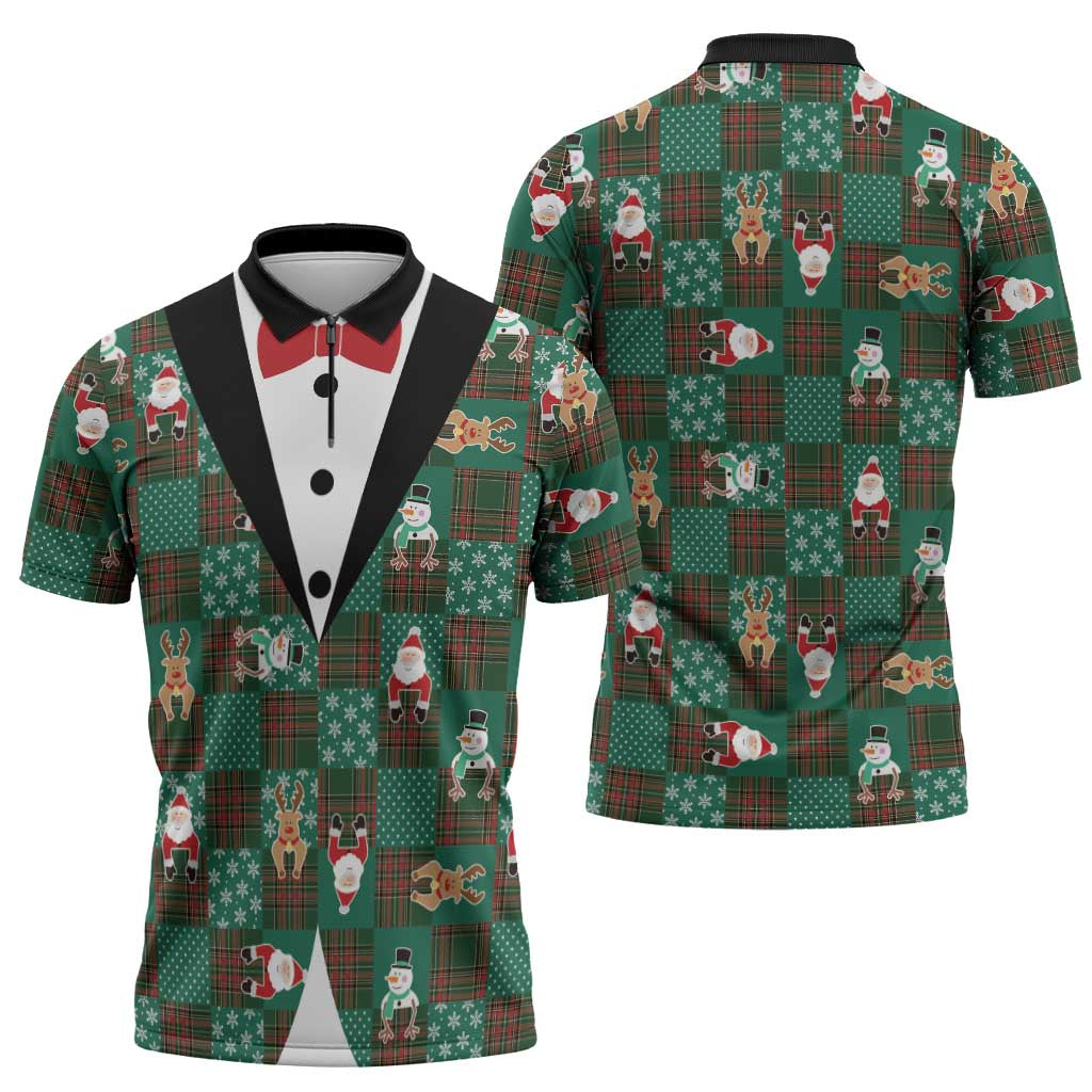 Christmas Patchwork Fake Tuxedo Zipper Polo Shirt Santa and Reindeer Green Plaid Style - Wonder Print Shop