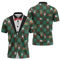 Christmas Patchwork Fake Tuxedo Zipper Polo Shirt Santa and Reindeer Green Plaid Style - Wonder Print Shop