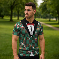 Christmas Patchwork Fake Tuxedo Zipper Polo Shirt Santa and Reindeer Green Plaid Style - Wonder Print Shop