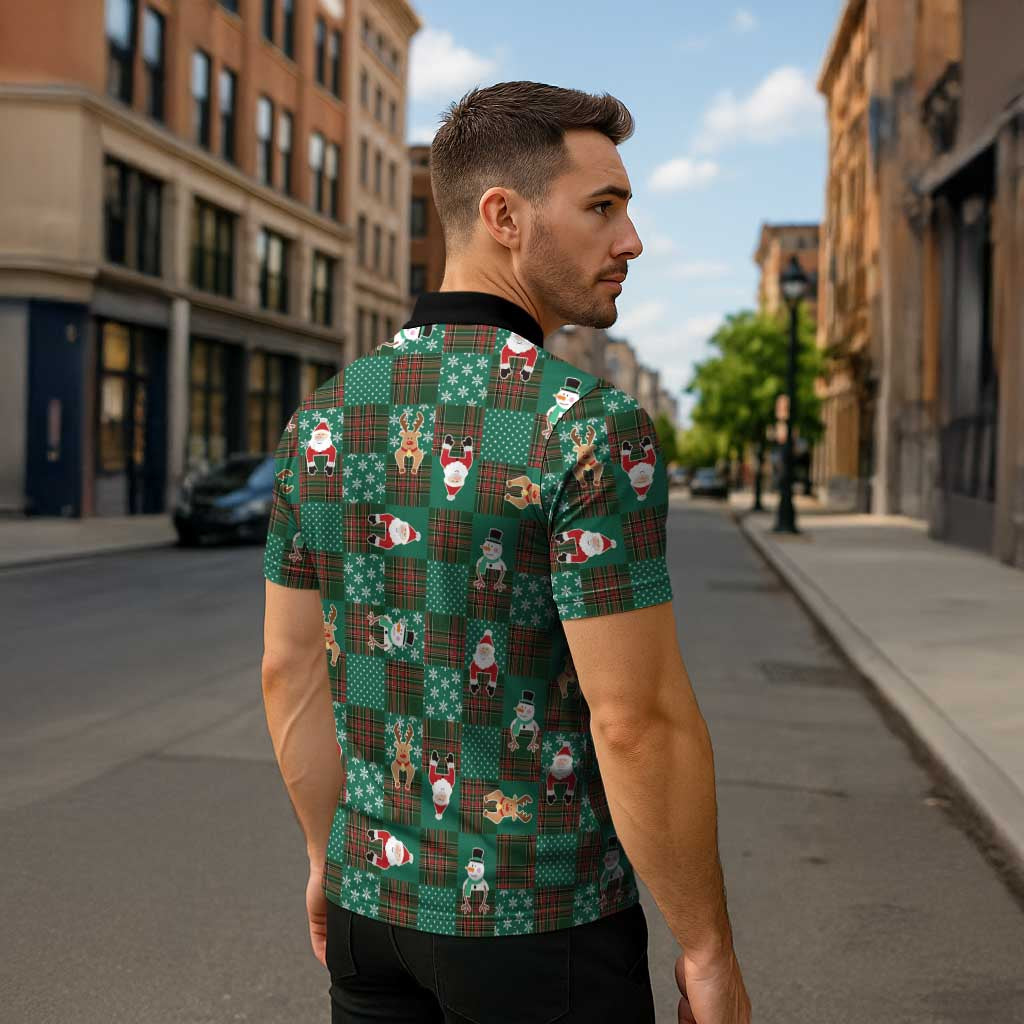 Christmas Patchwork Fake Tuxedo Zipper Polo Shirt Santa and Reindeer Green Plaid Style - Wonder Print Shop