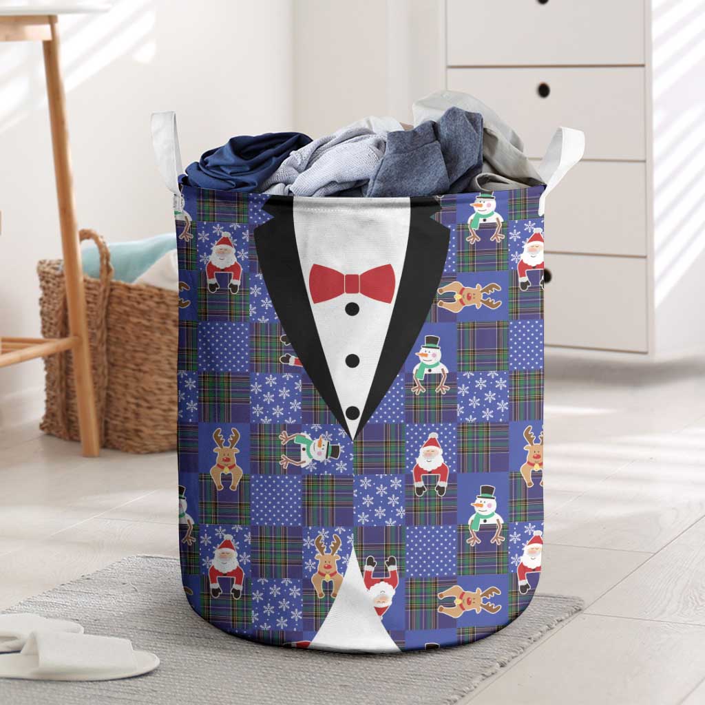 Christmas Patchwork Fake Tuxedo Laundry Basket Santa and Reindeer Blue Plaid Style - Wonder Print Shop