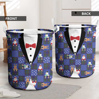 Christmas Patchwork Fake Tuxedo Laundry Basket Santa and Reindeer Blue Plaid Style - Wonder Print Shop