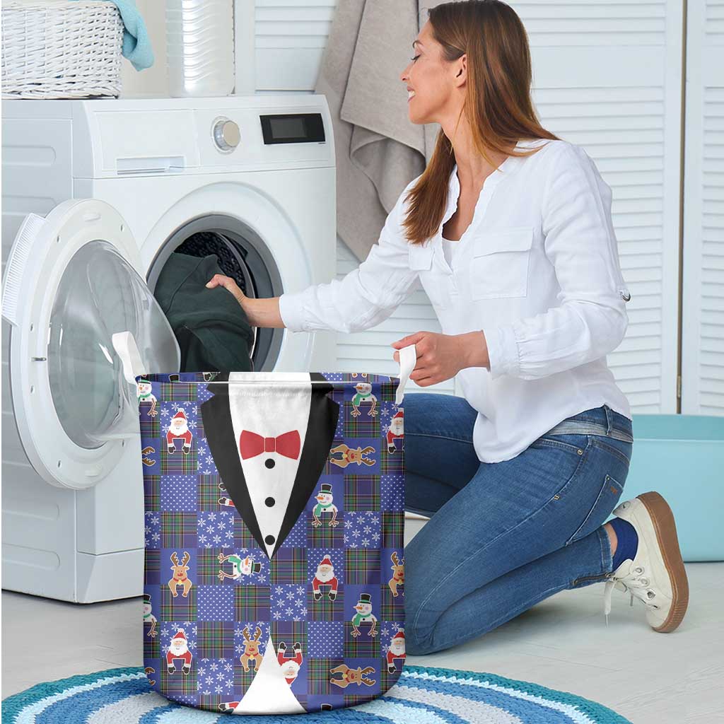 Christmas Patchwork Fake Tuxedo Laundry Basket Santa and Reindeer Blue Plaid Style - Wonder Print Shop