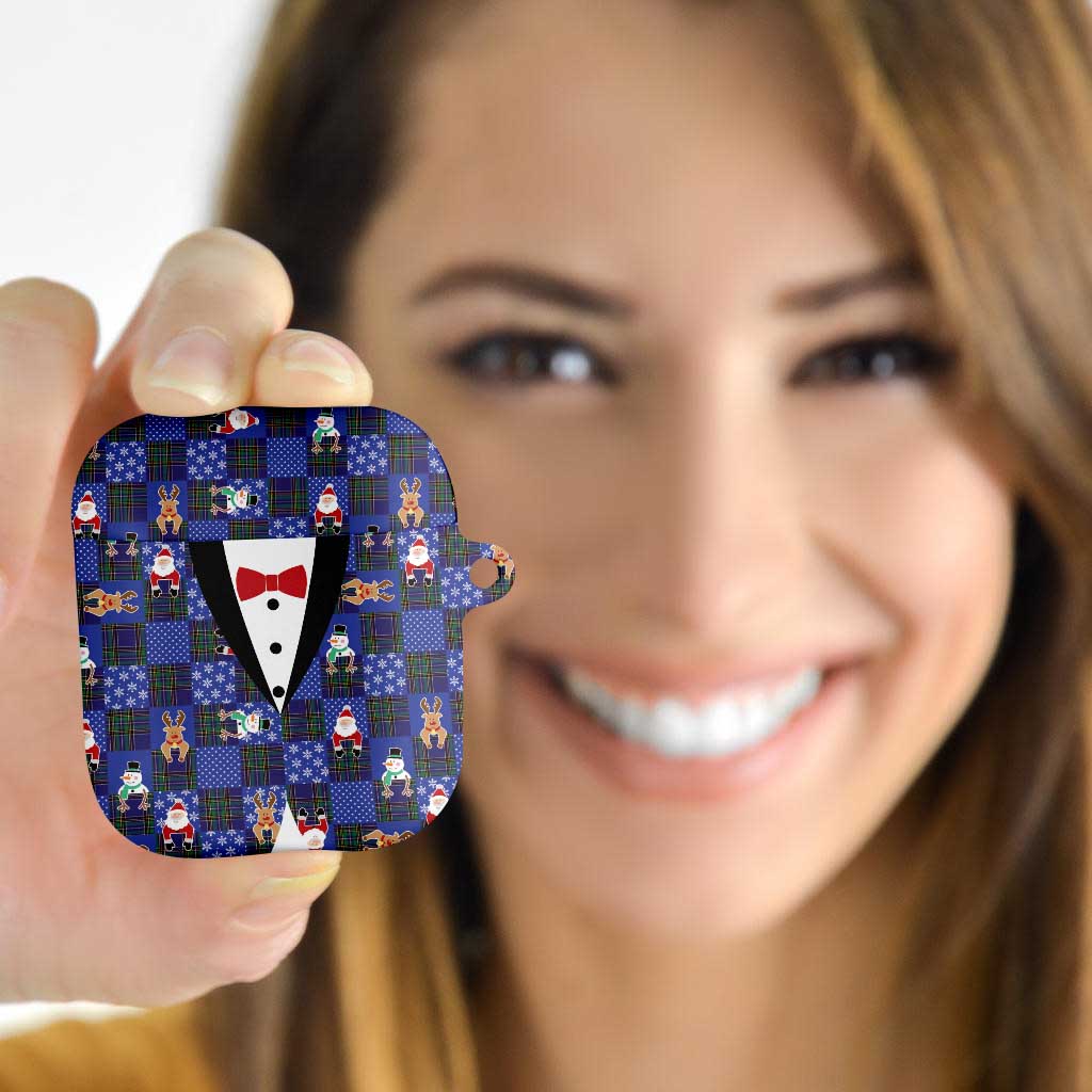Christmas Patchwork Fake Tuxedo AirPods Case Santa and Reindeer Blue Plaid Style - Wonder Print Shop