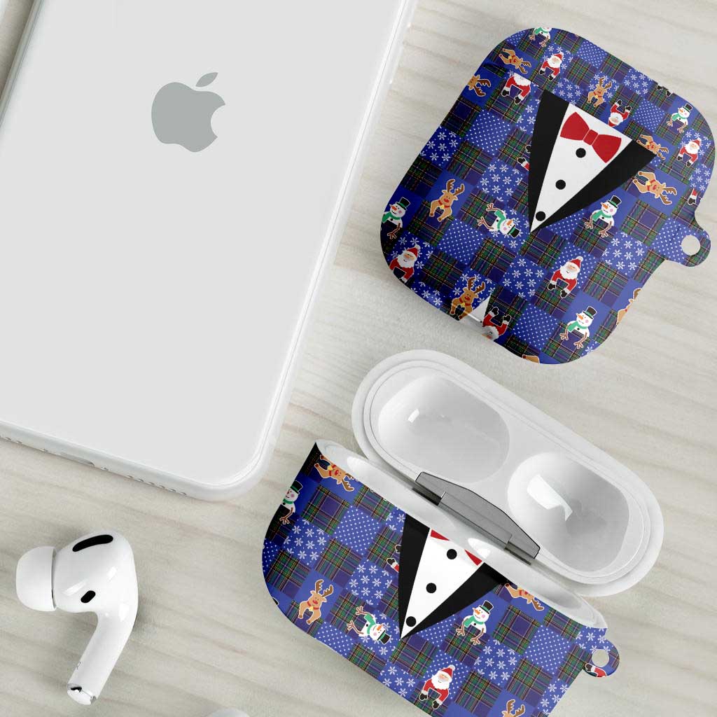 Christmas Patchwork Fake Tuxedo AirPods Case Santa and Reindeer Blue Plaid Style - Wonder Print Shop