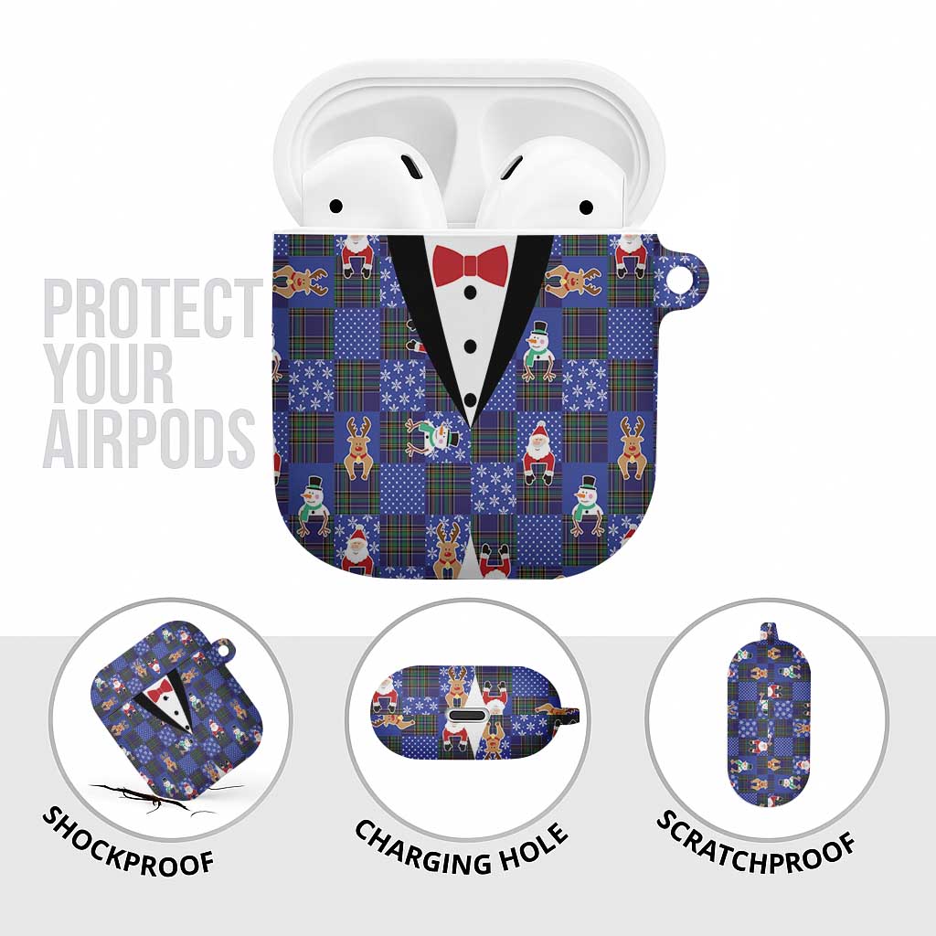 Christmas Patchwork Fake Tuxedo AirPods Case Santa and Reindeer Blue Plaid Style - Wonder Print Shop