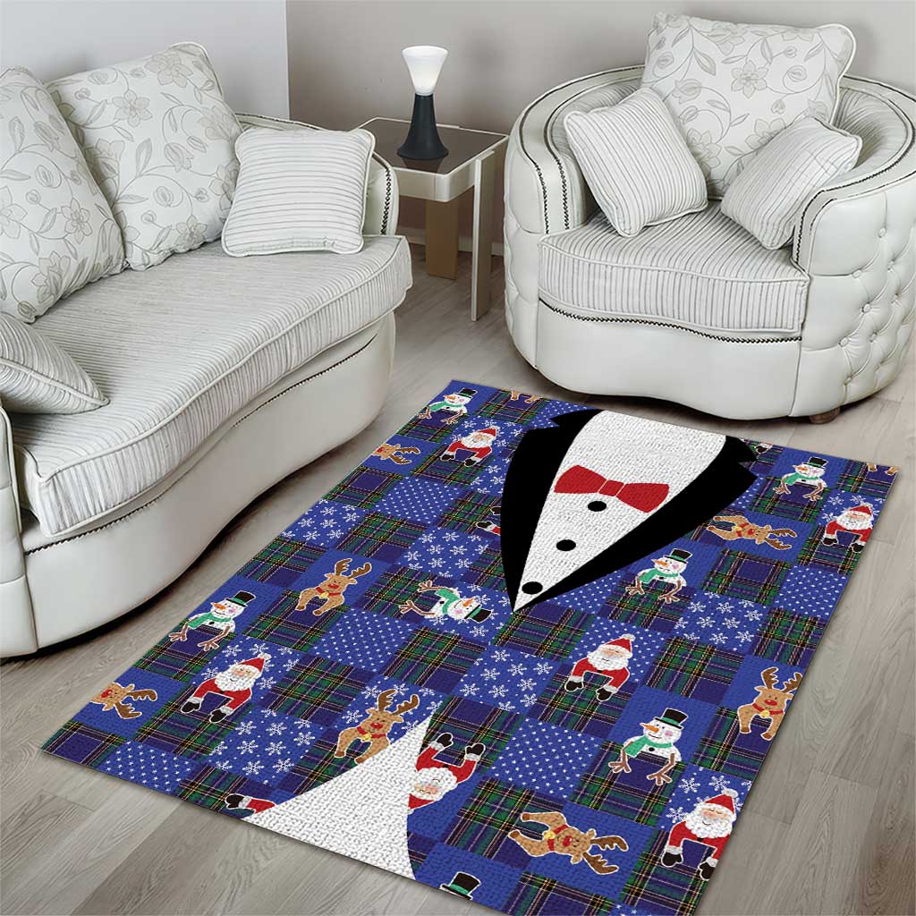 Christmas Patchwork Fake Tuxedo Area Rug Santa and Reindeer Blue Plaid Style - Wonder Print Shop