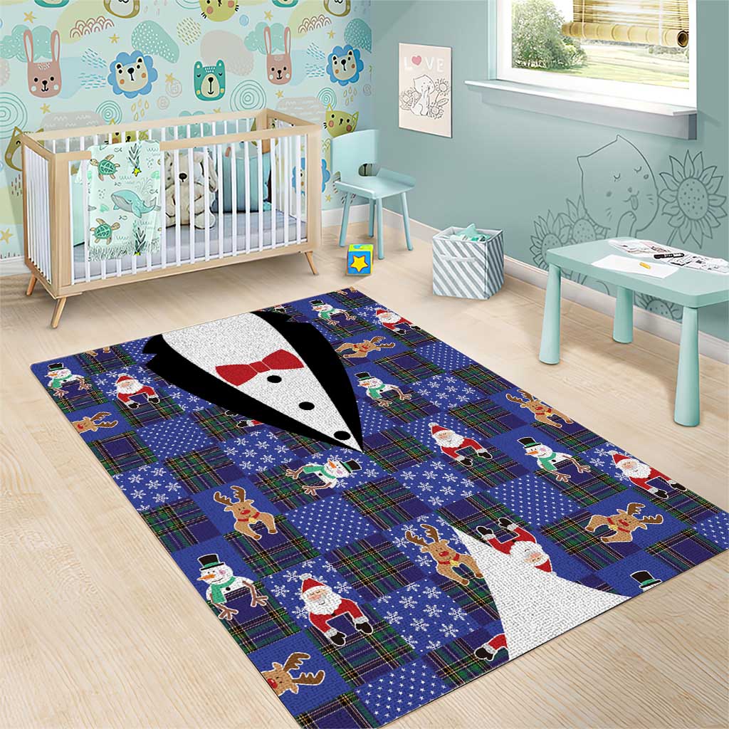 Christmas Patchwork Fake Tuxedo Area Rug Santa and Reindeer Blue Plaid Style - Wonder Print Shop